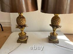 1950/70Paire De Lampes à l'Ananas en Bronze, Abat-jour en Laiton, Signée Charles