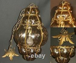 AA 1930 grand lustre lampe plafonnier art deco laiton et verre fumé doré chic