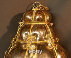 AA 1930 grand lustre lampe plafonnier art deco laiton et verre fumé doré chic