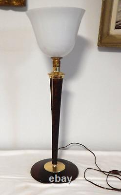 ANCIENNE Grande LAMPE Bureau Art Déco MAZDA en Bois et Laiton Globe Opaline