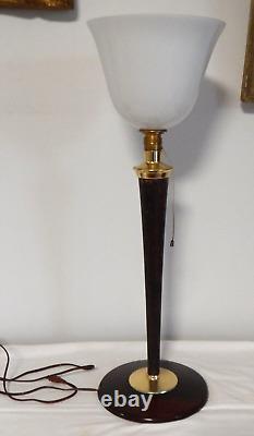 ANCIENNE Grande LAMPE Bureau Art Déco MAZDA en Bois et Laiton Globe Opaline