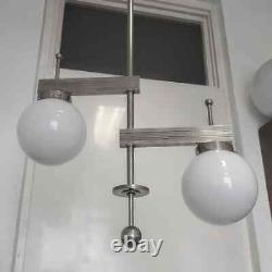 Ancien Art Deco Fixture Plafond Nickel Laiton Lustre Lait Lumiere Verre Lampe