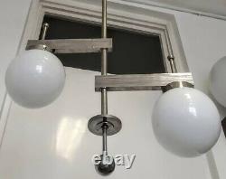 Ancien Art Deco Fixture Plafond Nickel Laiton Lustre Lait Lumiere Verre Lampe