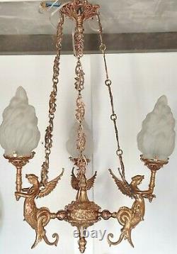 Ancien Art Nouveau Laiton & Glass Eclairage Lustre au plafond Lampe