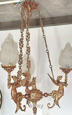 Ancien Art Nouveau Laiton & Glass Eclairage Lustre au plafond Lampe