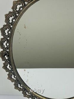 Ancien Miroir de coiffeuse sur pied en Bronze et laiton