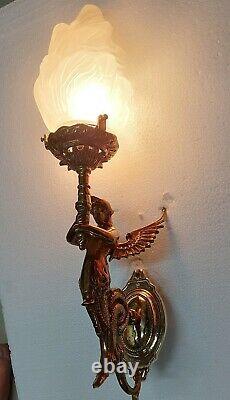 Ancien Old Art Deco Nouveau Laiton & Glass Lumiere Appliques murale Lampe