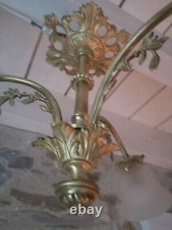 Ancien lustre plafonnier bronze/laiton 3 feux pâte verre lampe ART DECO TBE