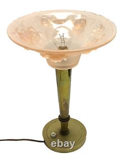 Ancienne LAMPE ART DECO 1930 pied laiton abat-jour verre fleurs