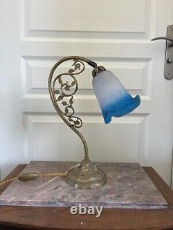 Ancienne Lampe Laiton Art Déco 1920 Tulipe Pate de verre Signée RETHONDES