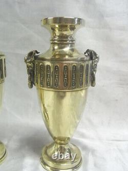 Ancienne Paire Vases Piedouche Art Deco Laiton Anneaux Tete De Belier Faune Urne