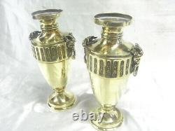 Ancienne Paire Vases Piedouche Art Deco Laiton Anneaux Tete De Belier Faune Urne