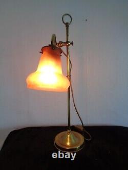 Ancienne lampe bureau notaire col de cygne laiton tulipe pate de verre Muller
