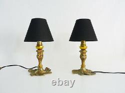 Ancienne paire de lampes de table pied laiton et abat-jour noir