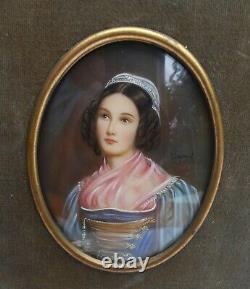 Antique Laiton Art Déco Cadre & 19th C Main Peint Femme Miniature Portrait Singe