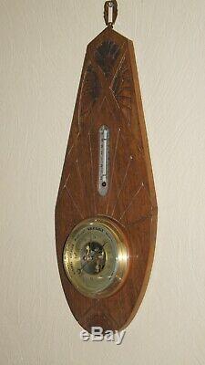 Art Déco Antique Barometer en bois, métal, laiton et verre Wall Weather Station