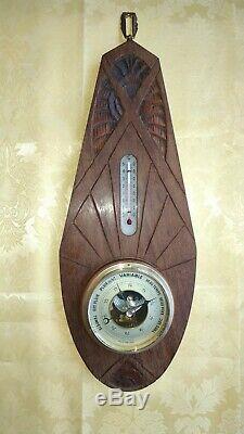 Art Déco Antique Barometer en bois, métal, laiton et verre Wall Weather Station