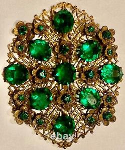 Broche Art Déco Sertie De Strass Vert XXL