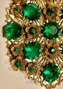 Broche Art Déco Sertie De Strass Vert XXL