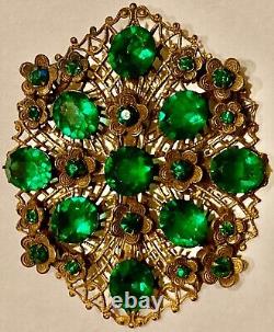 Broche Art Déco Sertie De Strass Vert XXL