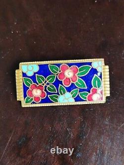 Broche en Laiton Emaillé Cloisonné Décor Fleurs Bijou Ancien Art Déco Années 20