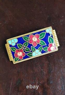 Broche en Laiton Emaillé Cloisonné Décor Fleurs Bijou Ancien Art Déco Années 20