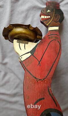 Cendrier ancien Groom d' hôtel en bois polychrome & laiton 90,4 cm