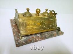 Encrier Double Bronze Et Laiton Socle Marbre Art Deco