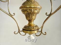Grand lustre, suspension du XIXème à réservoir, structure laiton et métal doré