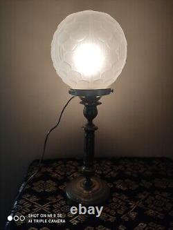 LAMPE ART DECO PIED chandelier laiton globe VERRE motif floral