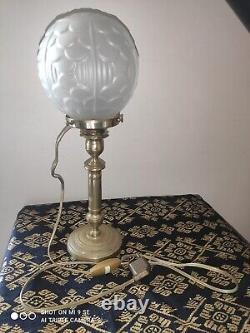 LAMPE ART DECO PIED chandelier laiton globe VERRE motif floral