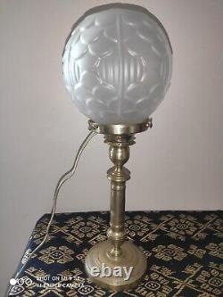 LAMPE ART DECO PIED chandelier laiton globe VERRE motif floral