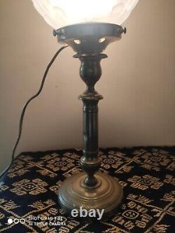 LAMPE ART DECO PIED chandelier laiton globe VERRE motif floral