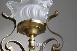 LUSTRE PLAFONNIER MONTURE LAITON BRONZE 1900 Grosse tulipe fleur