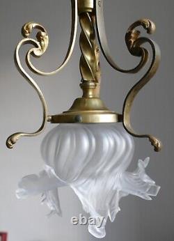 LUSTRE PLAFONNIER MONTURE LAITON BRONZE 1900 Grosse tulipe fleur