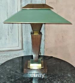 Lampe Art Déco Emile JACOT pagode en laiton doré et laqué vert et bois