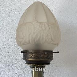 Lampe Art Deco Globe Verre Givré Beige Rosé Motif Fleurs, Pied Laiton Vintage