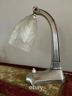Lampe Art Déco articulée bronze et laiton argentée verre 1930 de style Degué