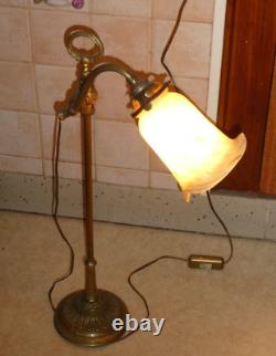 Lampe De Bureau En Bronze Et Tulipe En Pate De Verre Monte Et Baisse Art Nouveau
