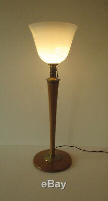 Lampe MAZDA art déco laiton et bois peint avec Tulipe opaline hauteur 78 cm