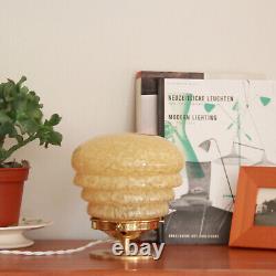 Lampe d'appoint globe ancien en verre Clichy jaune moucheté pied laiton vintage