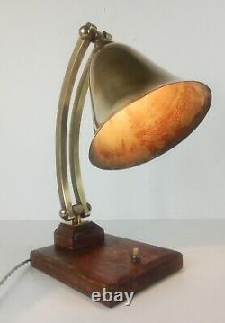 Lampe de bureau art déco en laiton, pied en bois