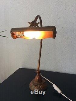 Lampe de piano notaire orientable bronze et laiton doré à décor floral Art Déco