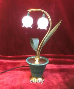 Lampe veilleuse ART DECO brin de muguet 31 cm Laiton Céramique Clochette opaline