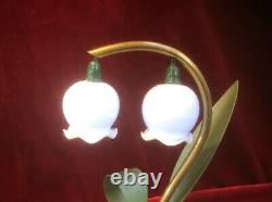 Lampe veilleuse ART DECO brin de muguet 31 cm Laiton Céramique Clochette opaline