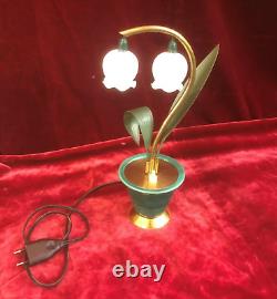 Lampe veilleuse ART DECO brin de muguet 31 cm Laiton Céramique Clochette opaline