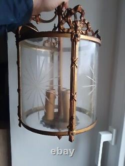 Lanterne bronze et laiton à 3 lampes et verre cylindrique grave