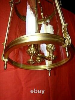 Lanterne de vestibule bronze et laiton à 3 lampes et verre cylindrique
