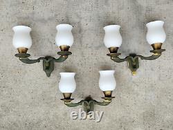 Lot 3 appliques art deco 2 bras lumière bronze /laiton patiné opaline light lamp