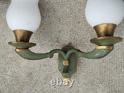 Lot 3 appliques art deco 2 bras lumière bronze /laiton patiné opaline light lamp